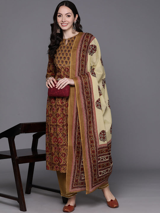 Indo Era Brown Floral Printed Regular Gotta Patti Pure Cotton Kurta with Trousers & Dupatta