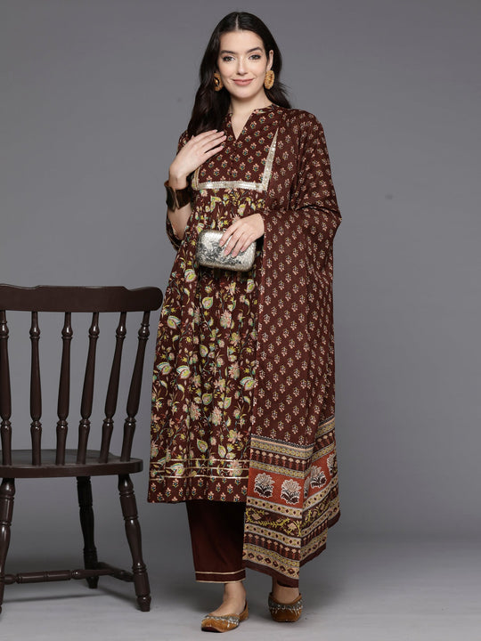 Indo Era Brown Printed A-Line Kurta Trousers With Dupatta Set