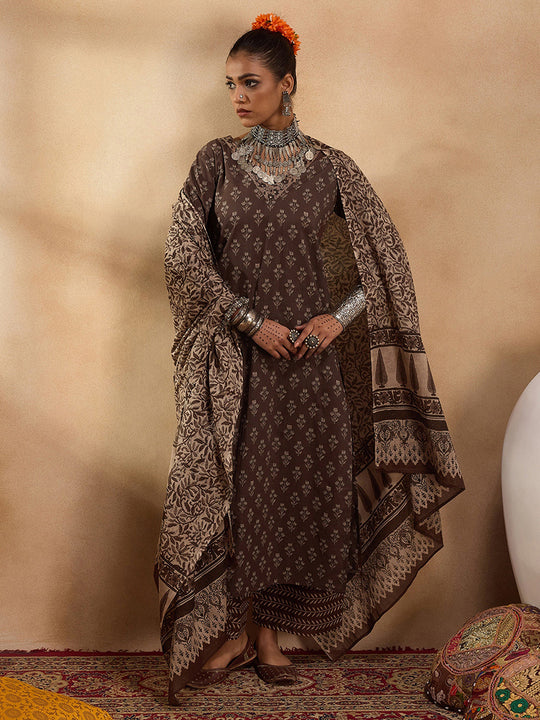 Indo Era Brown Printed Straight Kurta Palazzos With Dupatta set