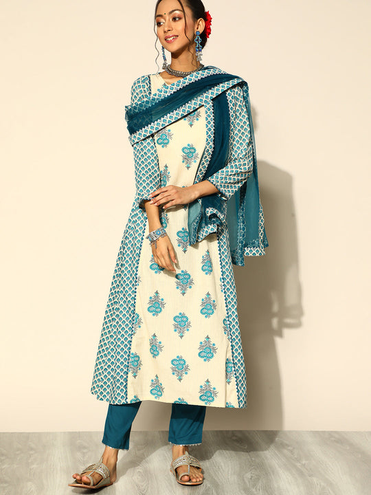 Indo Era Cream Printed A-Line Kurta Trouser With Dupatta Set