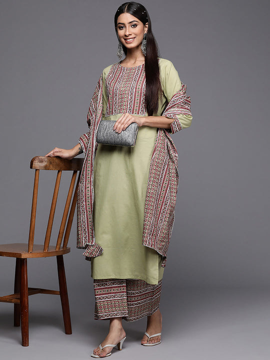 Indo Era Green Solid Straight Kurta Palazzo With Dupatta Set