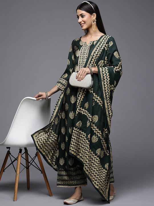Indo Era Green Printed Straight Kurta Palazzos With Dupatta Set