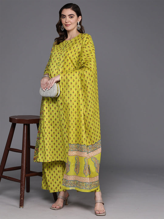 Indo Era Green Printed A-Line Kurta Palazzos With Dupatta Set