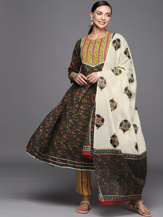 Indo Era Green Printed A-line Kurta Trouser With Dupatta Set