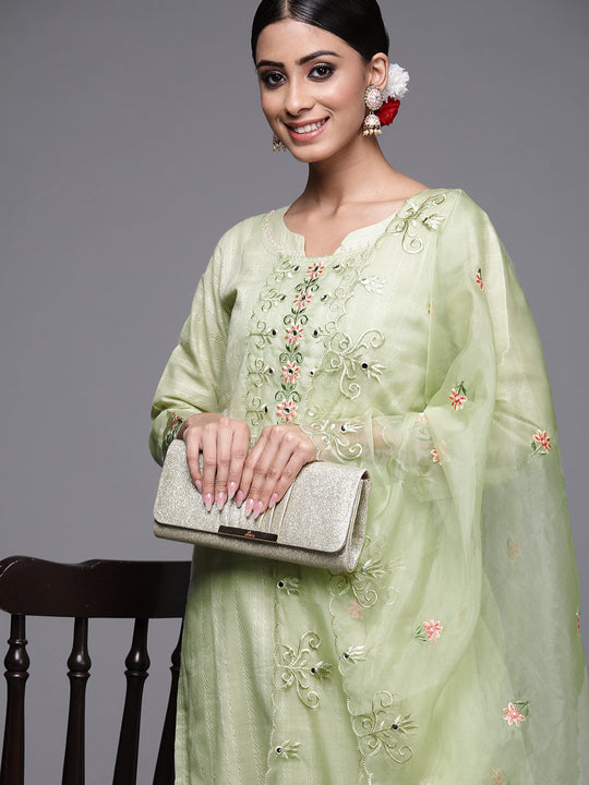 Indo Era Green Floral Embroidered Straight Kurta Trouser With Dupatta Set