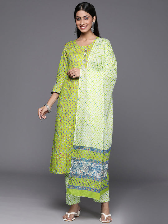 Indo Era Green Printed Straight Kurta Trousers With Dupatta Set