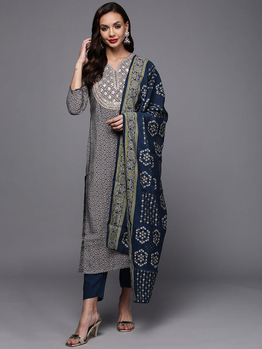 Indo Era Grey Printed Straight Kurta Palazzos With Dupatta Set