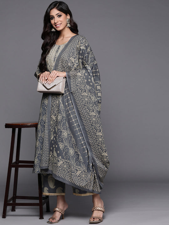 Indo Era Grey Printed Straight Kurta Palazzos With Dupatta Set