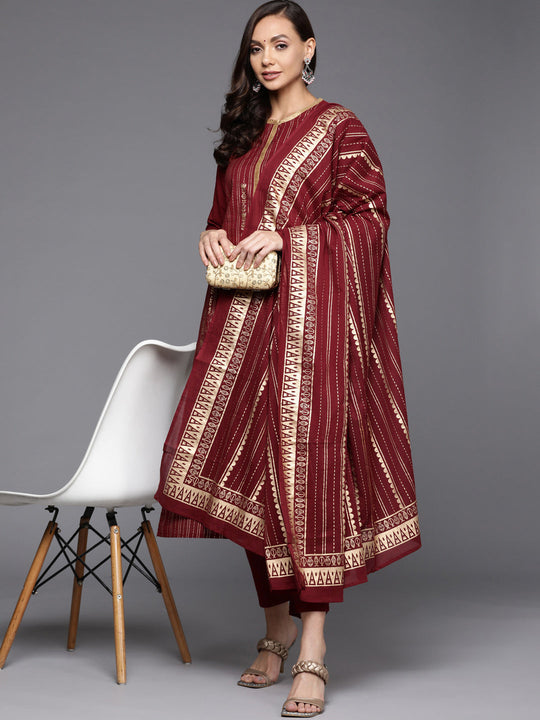 Indo Era Maroon Foil Printed Kurta Trouser With Dupatta Set