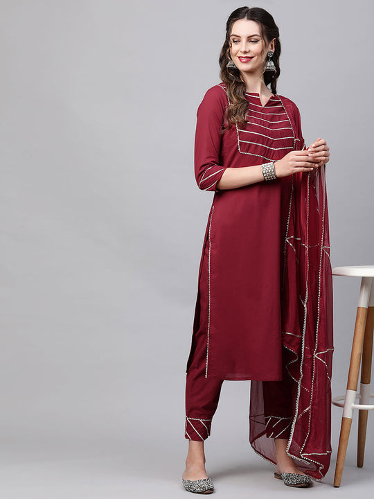 Indo Era Maroon Solid Yoke Kurta Palazzo With Hand Made Dupatta Set