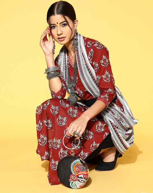 Indo Era Maroon Printed Straight Kurta Trouser With Dupatta Set