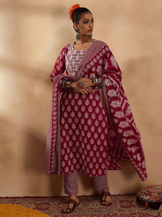 Indo Era Maroon Printed Straight Kurta Trousers With Dupatta Set