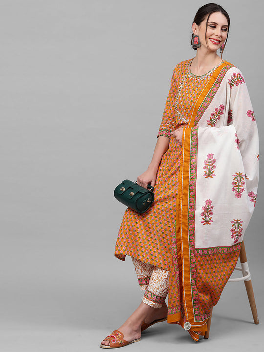 Indo Era Mustard Printed Straight Kurta Trouser With Dupatta Set