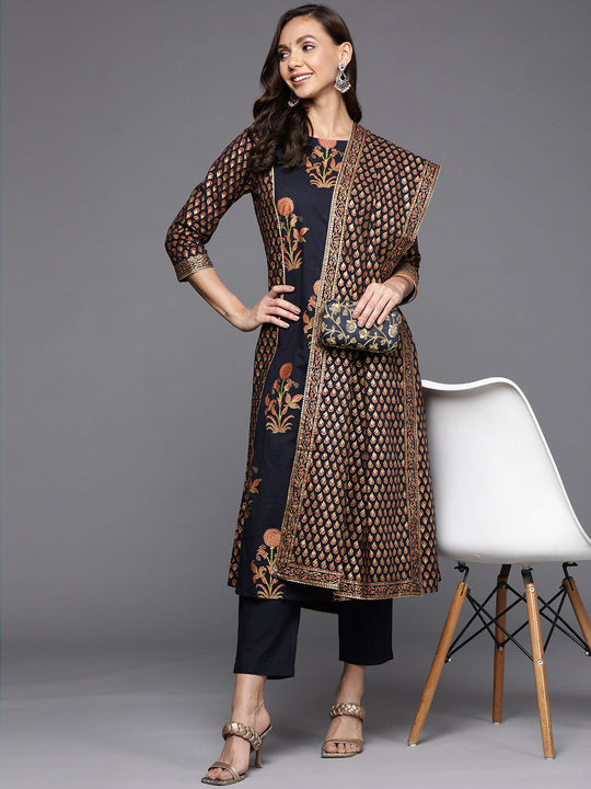 Indo Era Navy Blue Printed Straight Kurta Trouser With Dupatta Set