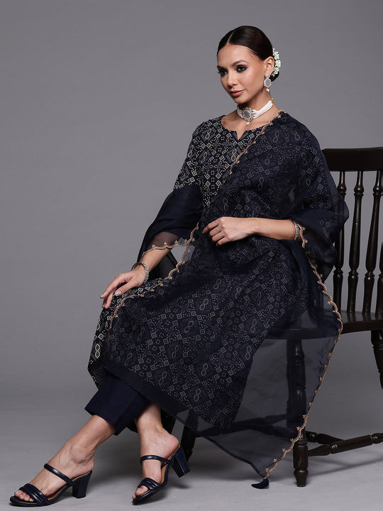 Indo Era Navy Blue Foil Printed A-line Kurta Trouser With Dupatta Set