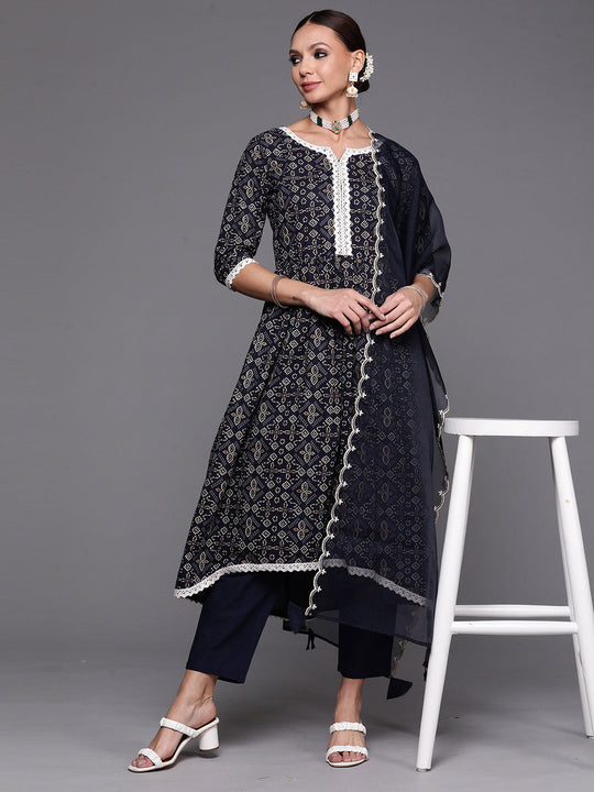 Indo Era Navy Blue Foil Printed A-line Kurta Trouser With Dupatta Set