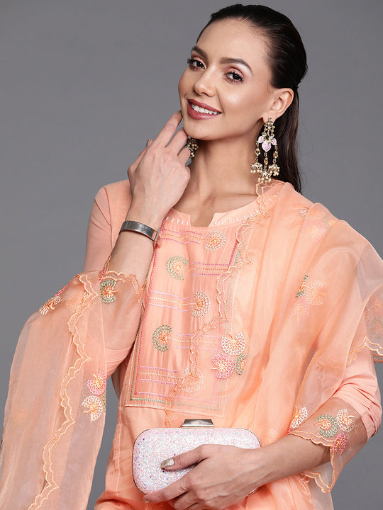 Indo Era Orange Embroidered Straight Kurta Trouser With Dupatta Set
