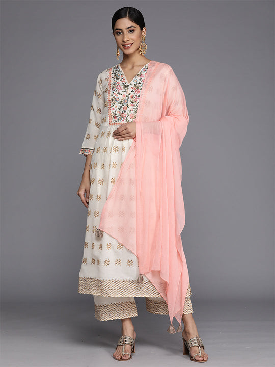 Indo Era Off White Embroidered Straight Kurta Palazzos With Dupatta Set