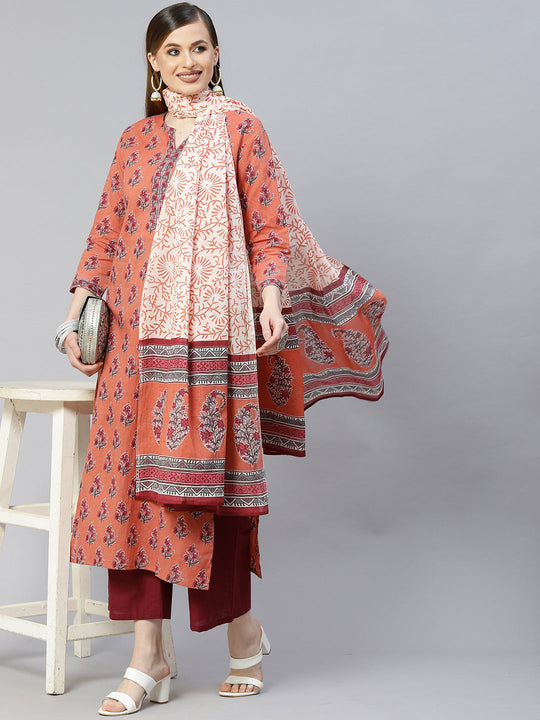 Indo Era Peach Printed Straight Kurta Palazzo With Dupatta Set
