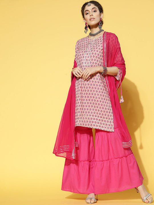 Indo Era Pink Printed Straight Kurta Sharara With Dupatta Set
