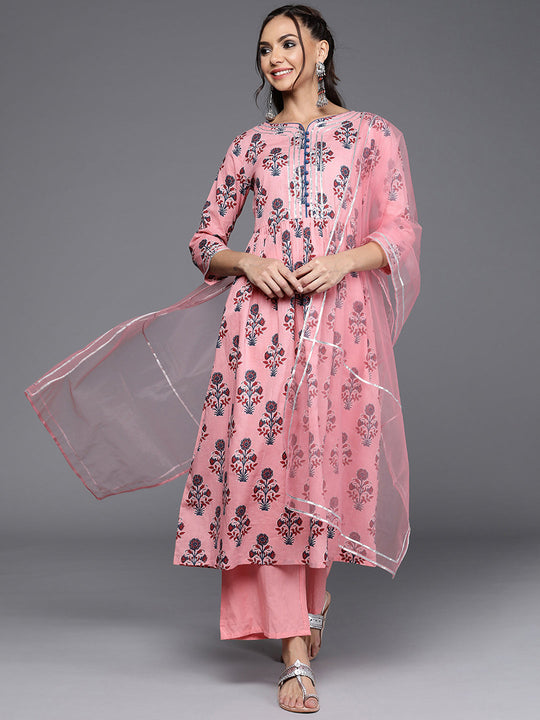 Indo Era Pink Printed A-Line Kurta Trouser With Dupatta Set