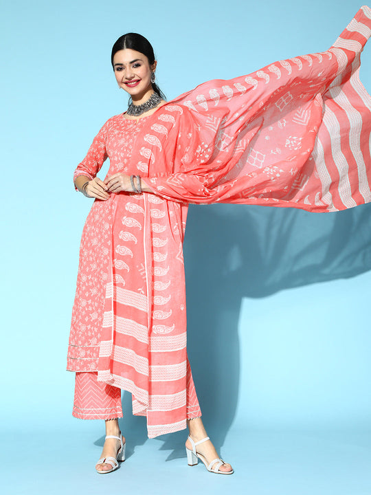 Indo Era Pink Printed Straight Kurta Palazzo With Dupatta Set