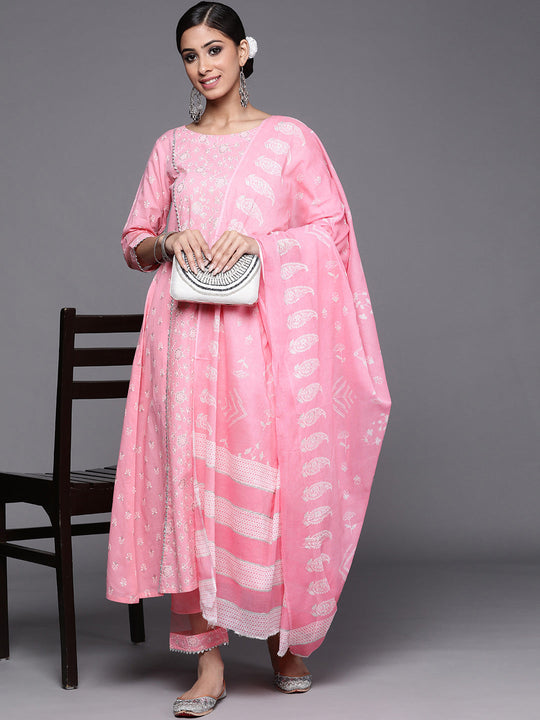Indo Era Pink Printed A-Line Kurta Trousers With Dupatta Set