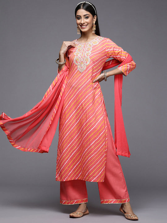 Indo Era Pink Printed Yoke Design Straight Kurta Palazzos With Dupatta Set