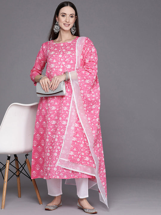 Indo Era Pink Printed A-Line Kurta Trouser With Dupatta Set