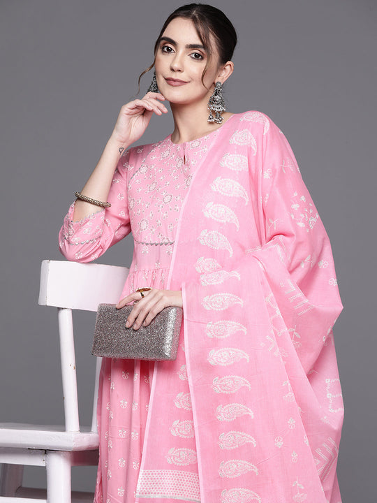 Indo Era Pink Printed A-Line Ethnic Kurta Trousers With Dupatta Set
