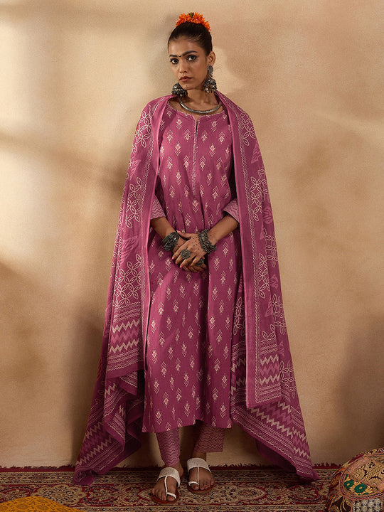 Indo Era Pink Printed Straight Kurta Trousers With Dupatta set