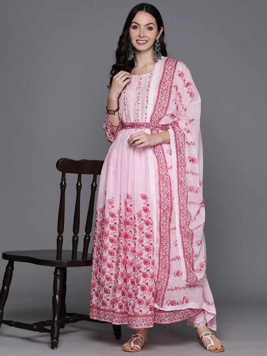 Indo Era Pink Floral Printed Beads & Stones Pure Cotton Kurta with Trousers & Dupatta