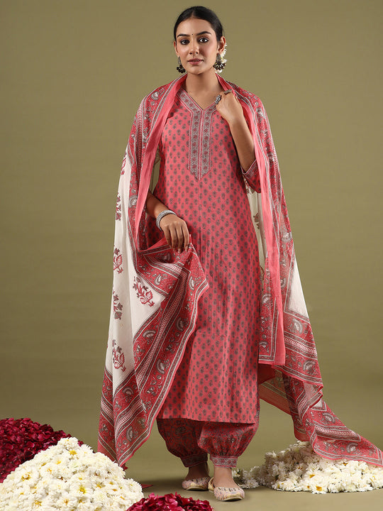 Indo Era Pink Printed Straight Kurta Salwar With Dupatta set