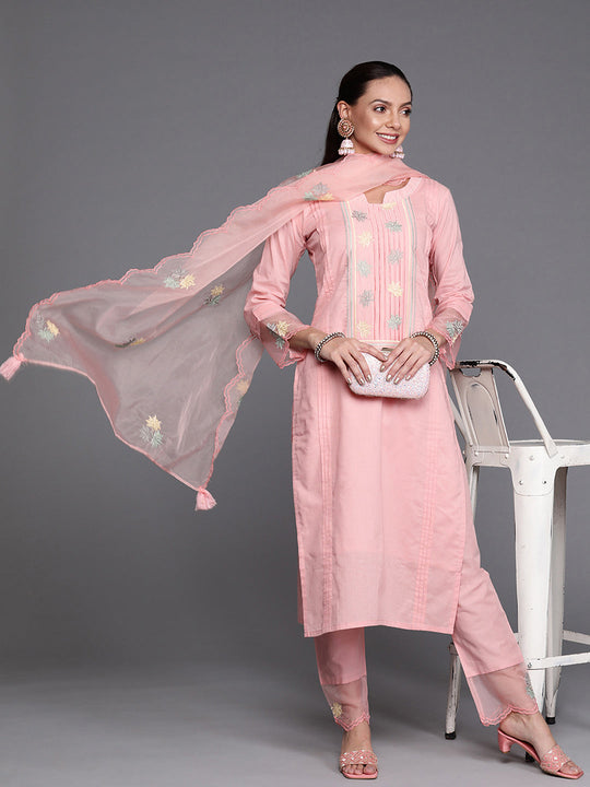 Indo Era Pink Floral Embroidered Straight Kurta Trouser With Dupatta Set
