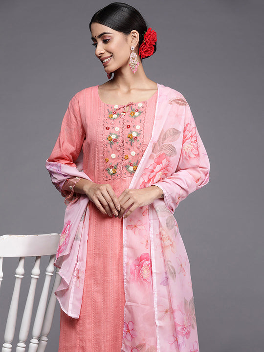Indo Era Pink Embroidered Straight Kurta Trousers With Dupatta Set