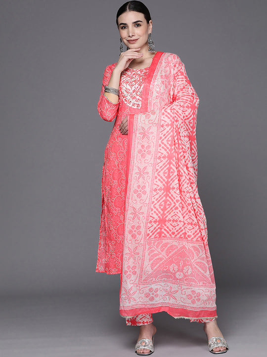 Indo Era Pink Embroidered Straight Kurta Trousers With Dupatta Set
