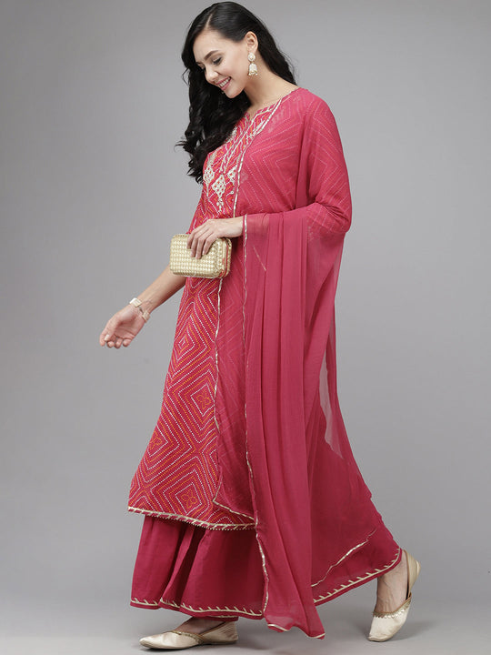 Indo Era Pink Printed Straight Kurta Sharara With Dupatta Set