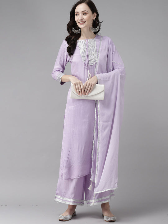 Indo Era Purple Embroidered Straight Kurta Palazzo With Dupatta Set
