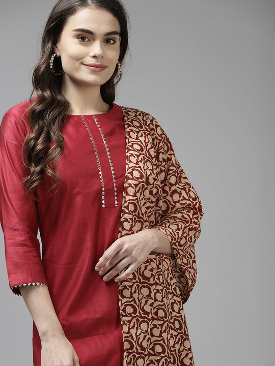 Indo Era Red Solid Straight Kurta Palazzo With Dupatta Set
