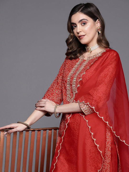 Indo Era Red Printed Straight Kurta Palazzos With Dupatta Set