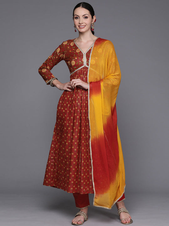 Indo Era Red Floral Printed Empire Pure Cotton Zari Kurta with Trousers & Dupatta