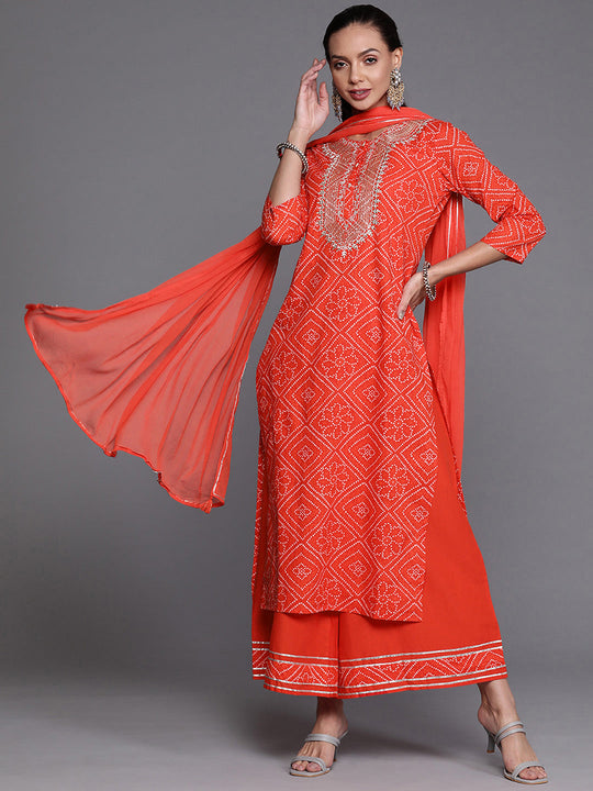 Indo Era Red Embroidered Straight Kurta Palazzo With Dupatta Set
