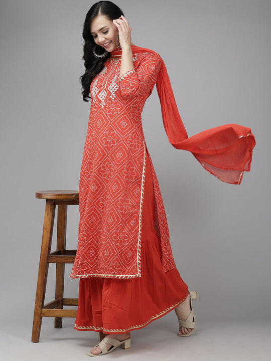 Indo Era Red Printed Straight Kurta Sharara With Dupatta Set