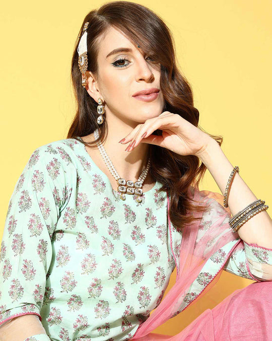 Indo Era Sea Green Printed Straight Kurta Palazzo With Dupatta Set