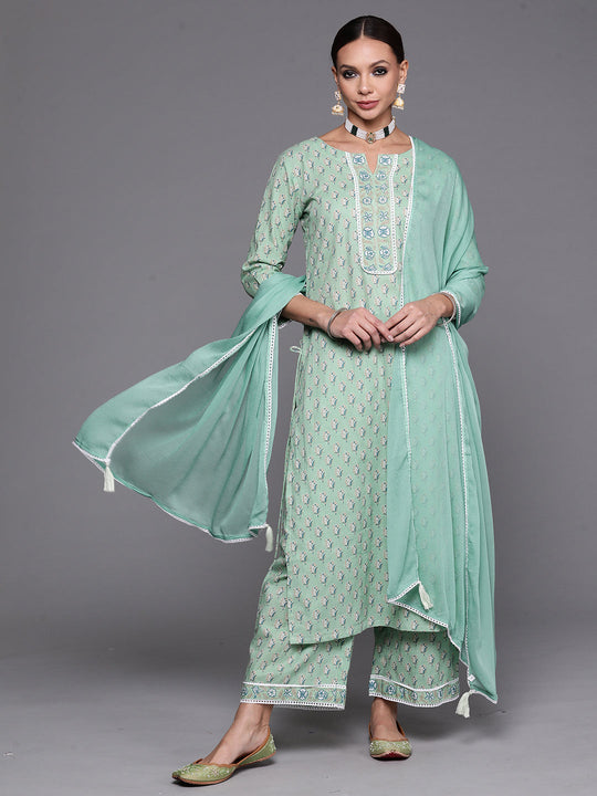 Indo Era Sea Green Floral Printed Straight Kurta Palazzzo With Dupatta Set