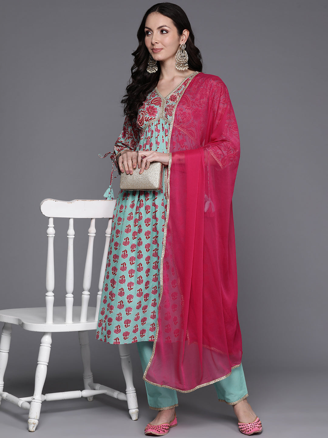 Indo Era Sea Green Floral Printed Straight Kurta Palazzzo With Dupatta Set