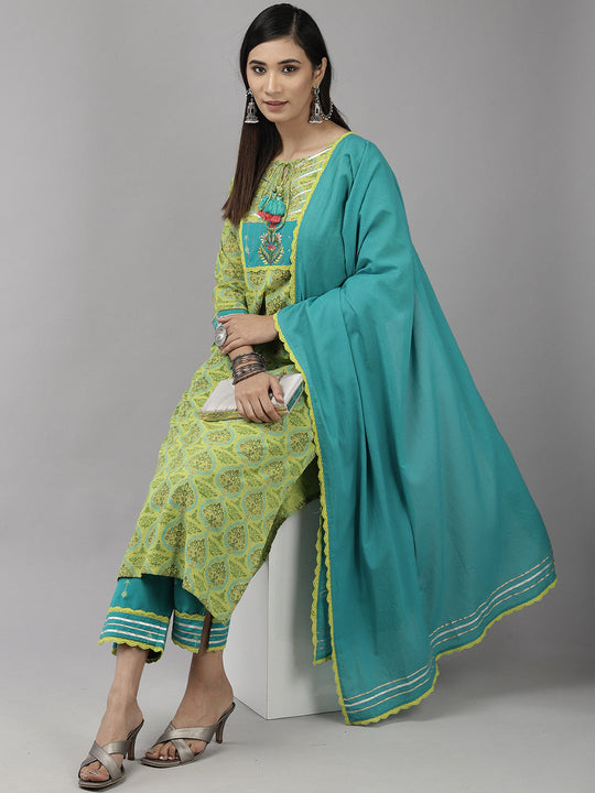 Indo Era Sea Green Printed Straight Kurta Trouser With Dupatta Set