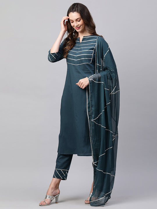 Indo Era Teal Solid Yoke Kurta Palazzo With Hand Made Dupatta Set
