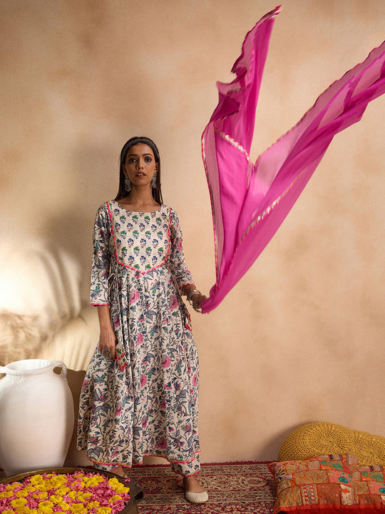 Indo Era White Printed A-Line Kurta Trousers With Dupatta set