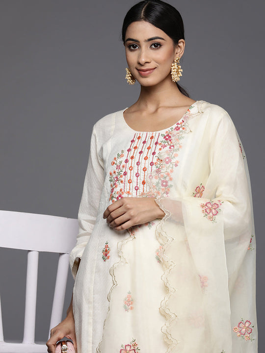 Indo Era White Embroidered Straight Kurta Trousers With Dupatta Set